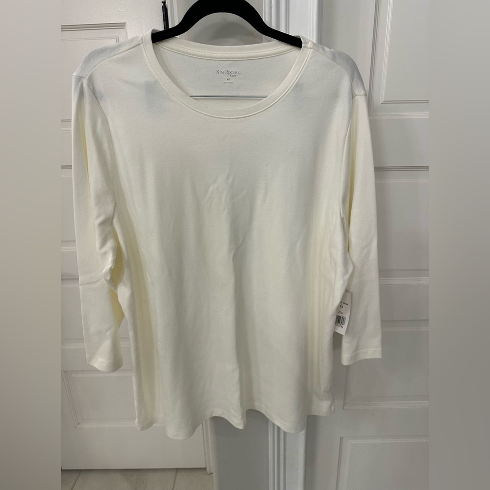 Kim Rogers Curvy Cotton Women's 2X Ivory 3/4 Sleeve Crew Neck T-Shirt Top Casual